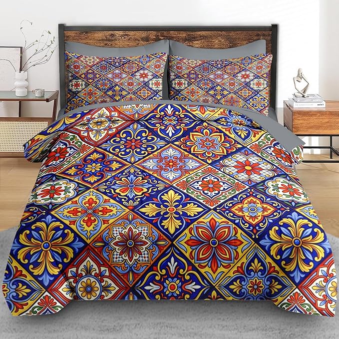 Comforter Set Full Size, Mexican Talavera Ceramic 7 Pcs Bedding for Kids and Adults, Italian Spanish Bed Sheet Sets with Fitted Sheet 2 Pillowcases & 2 Shams for Bedroom Bed Decor