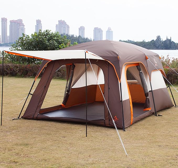 KTT Extra Large Tent 6-10-12-14 Person(Style-B),Family Cabin Tents,2 Rooms,3 Doors and 3 Windows with Mesh,Straight Wall,Waterproof,Double Layer,Big Tent for Outdoor,Picnic,Camping,Family Gathering