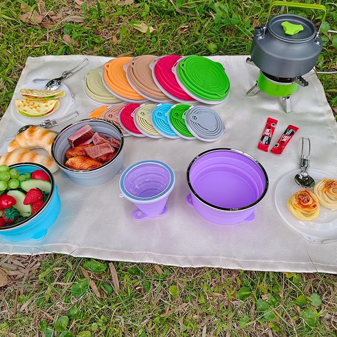 Mess Kit for Camping Silicone Collapsible Bowl Collapsible Cup and Stainless Steel Spoon for Backpacking Outdoor Hiking Traveling and Picnic