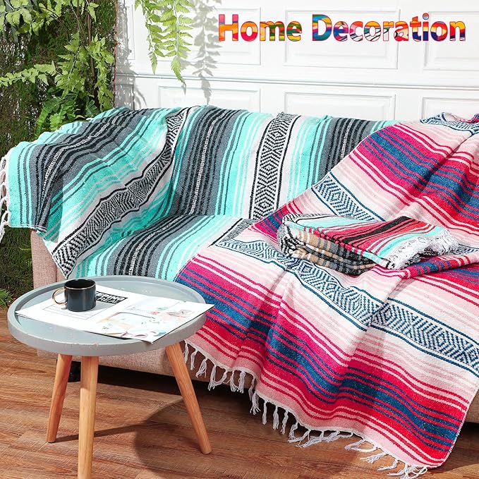 Peryiter 9 Pcs Mexican Blanket Bulk Large Yoga Blanket Striped Falsa with Fringed for Outdoor Beach Picnic Couch, 45 x 70 inch(Bright Colors)