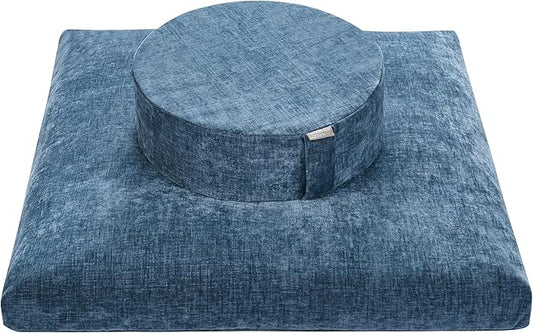 Meditation Zafu Cushion Set with Buckwheat Hulls & Memory Foam - Ergonomic Support for Yoga & Sitting - Removable Machine-Washable Luxury Velvet Cover - for Adults and Kids (Cl03-Blue)