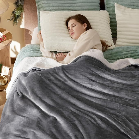 Bedsure GentleSoft Sherpa Fleece Blankets Queen Size for Bed - Thick and Warm, Soft Fuzzy Plush Queen Blanket for Winter, Grey, 90x90 Inches