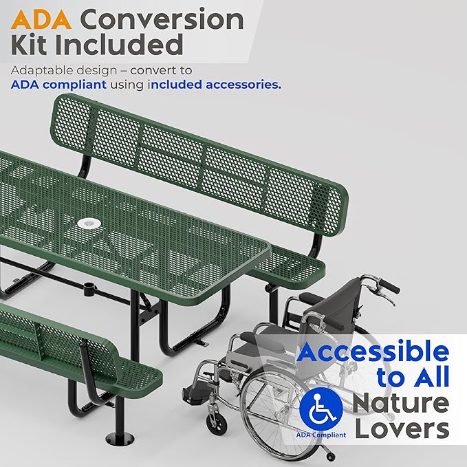 Metal Picnic Furniture for Outdoors with Umbrella Hole - Coated Steel Heavy Duty Commercial Grade Table with Adjustable Seats, Patio Set for a Lifetime (Green, 6' Rectangular with Back)