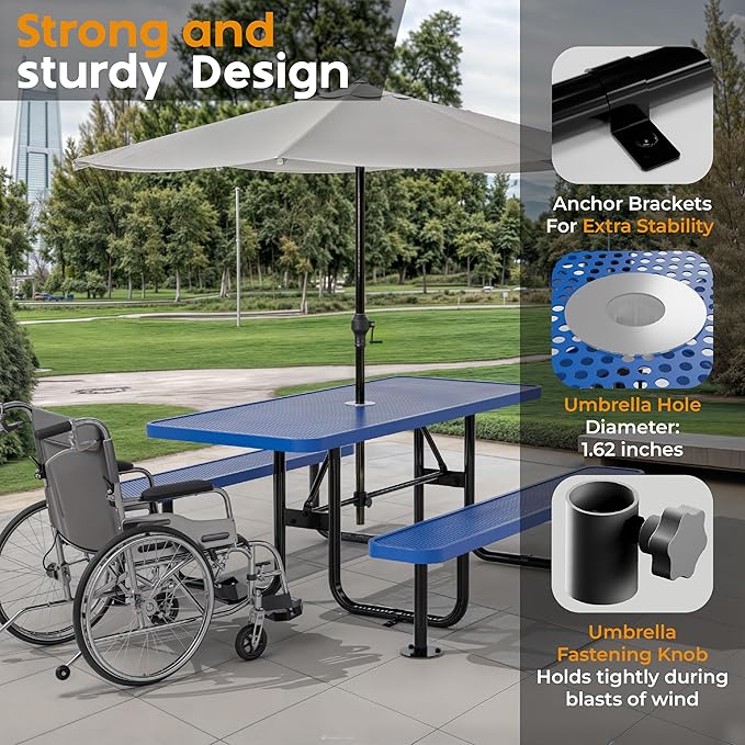 Metal Picnic Furniture for Outdoors with Umbrella Hole - Coated Steel Heavy Duty Commercial Grade Table with Adjustable Seats, Patio Set for a Lifetime (Blue, 6' Rectangular, Punched Steel)