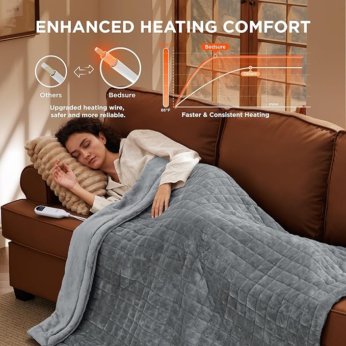 Bedsure Heated Blanket Throw Blanket - Quilted Electric Blanket, Soft Flannel Thick Heating Blanket with 4 Time Settings & 6 Heating Settings, Warm Gifts for Women Men (50x60 inches, Formal Gray)