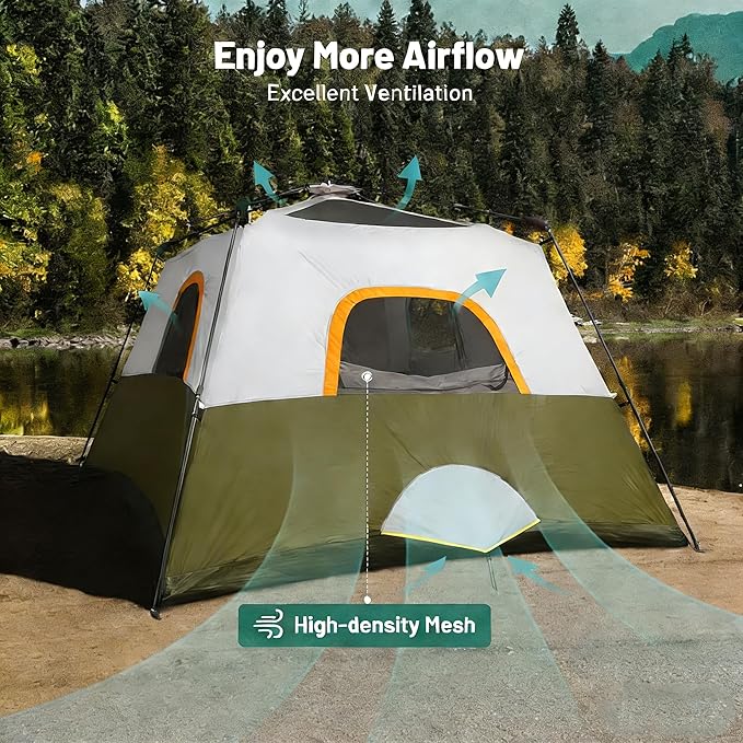 3/4 Person Camping Tent with 1 Door, 4 Windows, and Upgraded Ventilation– Instant Setup, Waterproof, 8'x 8'x 67''Oxford Fabric Floor Pop Up in 60 Seconds Includes Rainfly and Backpack