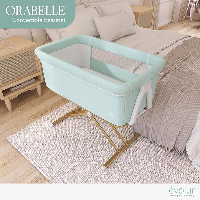 Evolur Orabelle Baby Bassinet & Bedside Sleeper, Breathable Mesh Sides, Plush Mattress Pad with Removable Cover, Tool-Free Assembly, Quick Foldable Steel Frame Compact Design with Travel Bag – Mint