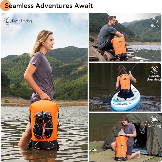 MARCHWAY Floating Roll Top Dry Bag, Flexible Lightweight TPU Waterproof Backpack 20L/30L/40L with Padded Straps for Boating, Kayaking, Swimming, Hiking, Beach (Orange, 30L)