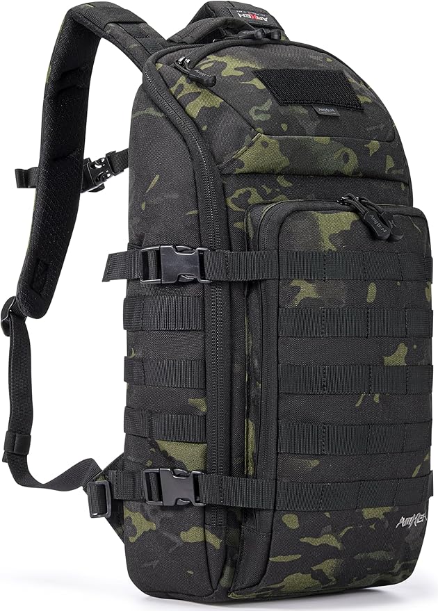20L Slim Tactical Backpack - Suspended 13" Laptop Compartment, Rugged MOLLE Daypack for Everyday Carry, Work, Travel (Black Camo)
