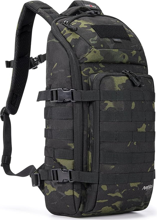 20L Slim Tactical Backpack - Suspended 13" Laptop Compartment, Rugged MOLLE Daypack for Everyday Carry, Work, Travel (Black Camo)
