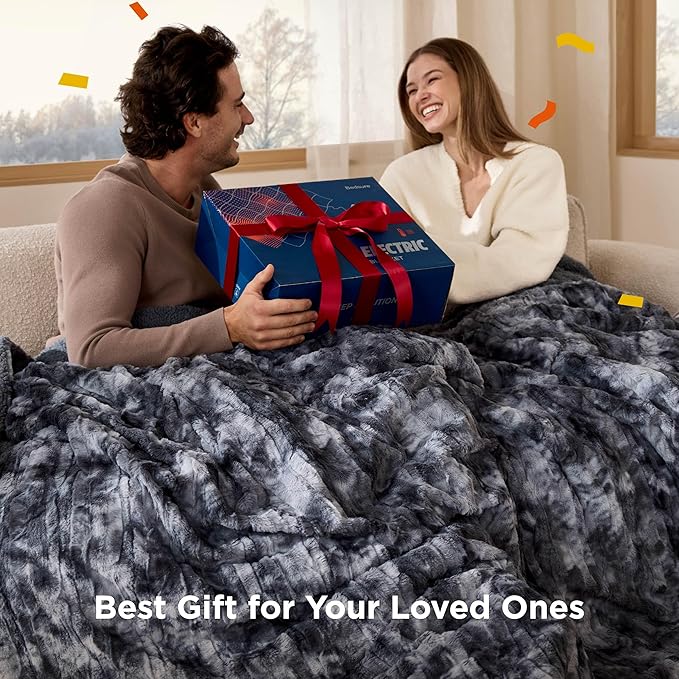 Bedsure Faux Fur Heated Blanket Throw Blanket, Fast Heating Electric Blanket with 6 Heating Levels & 4 Time Settings, Cozy Gifts for Women Men (50x60 inches, Black)