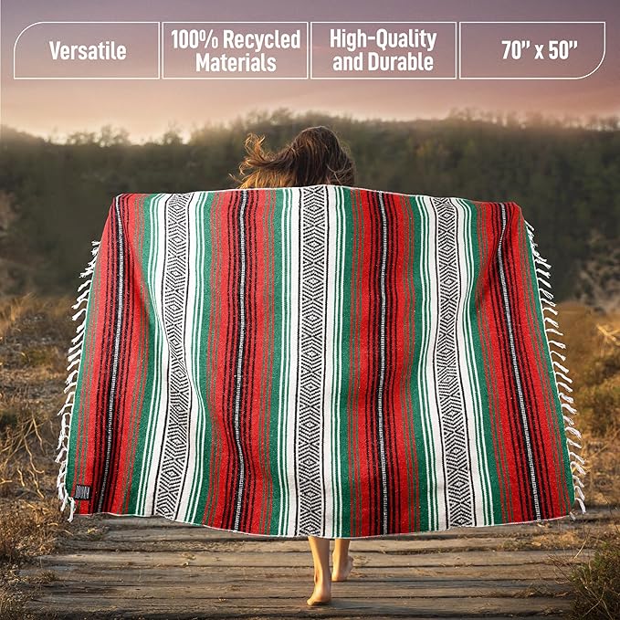 Hydration Nation Authentic Extra Large Mexican Blanket (70"x50") - Handwoven Yoga, Serape- Artisanal Falsa, Beach, Camping, Picnic, Outdoor - Storm Orange