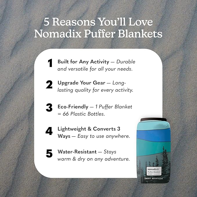 Nomadix Smoky Mountains Puffer Blanket – Water-Resistant, Eco-Friendly Insulated Blanket with Snaps for Camping, Beach, and Travel, Made from Recycled Materials