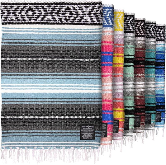 Hydration Nation Authentic Large Handwoven Mexican Blanket - Soft Yoga- Durable Serape- Lightweight Falsa, Beach, Camping, Picnic, Outdoor Blanket 70"x50" - Aqua Sky