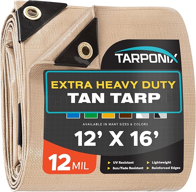 12' x 16' Extra Heavy-Duty Tan Poly Tarp – 12 Mil Thick, Waterproof, UV-Resistant Polyethylene with Reinforced Edges, Double-Stitched Hems, and Rustproof Grommets
