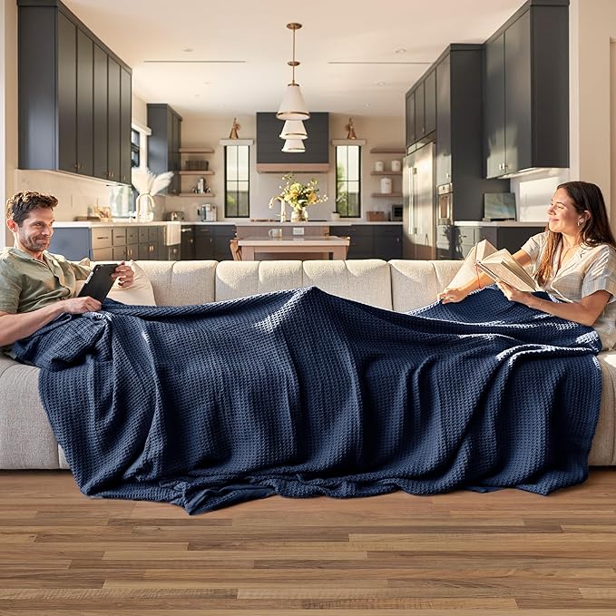 Bedsure Gentlesoft 100% Cotton Blanket King Size for Bed - Breathable and Soft, Waffle Weave Blanket for Summer, Thick Cozy Fall Blankets for Women Gift, Pageant Blue, 104x90 inches