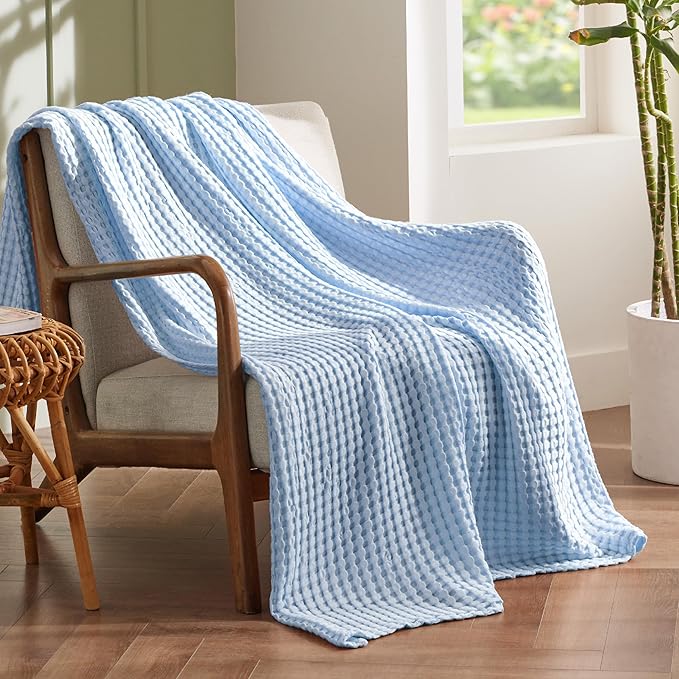 Bedsure Cooling Cotton Waffle Twin XL Blanket - Lightweight Breathable Blanket of Rayon Derived from Bamboo for Hot Sleepers, Luxury Throws for Bed, Couch and Sofa, Blue, 66x90 Inches