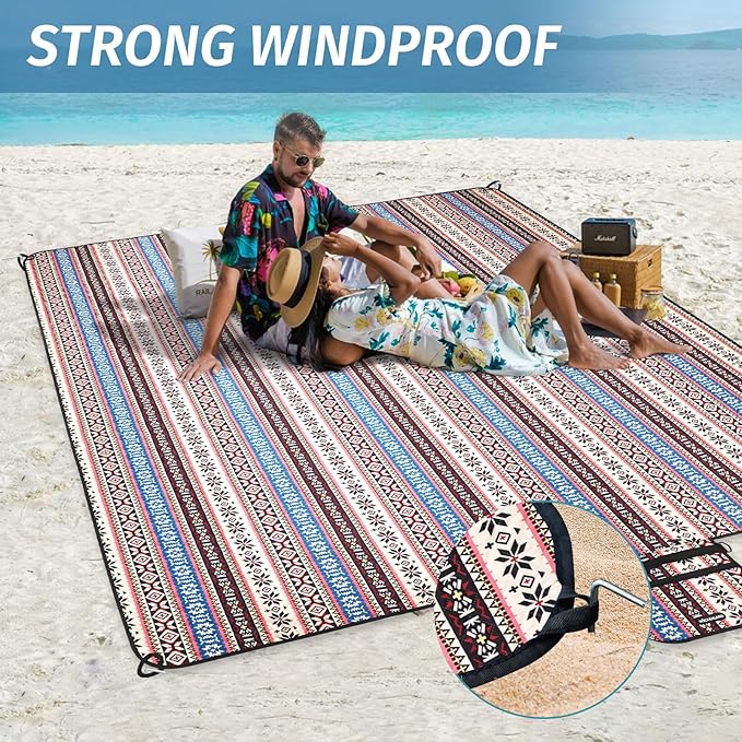 Picnic Blankets Extra Large Outdoor - Beach Blanket Waterproof Sandproof with Shoulder Strap, Machine Washable, Picnic Mat with Stakes for Grass Concert, Park.BohoPattern