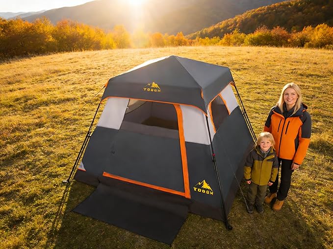3/4 Person Camping Tent with 1 Door, 4 Windows, and Upgraded Ventilation– Instant Setup, Waterproof, 8'x 8'x 67''Oxford Fabric Floor Pop Up in 60 Seconds Includes Rainfly and Backpack