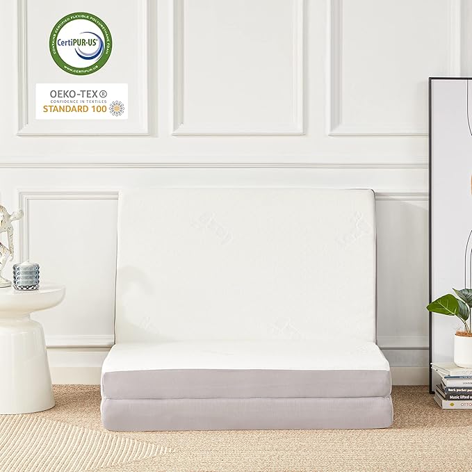 Folding Mattress, 4 Inch Memory Foam Tri-fold with Breathable Bamboo Fiber Fabric Cover, Foldable Floor Mattress Guest Bed for Camping, Road Trip, Single