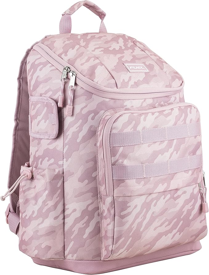 FUEL Multi-Pocket Cargo Travel Backpack Luggage Bag with Top-Loader Entry, Dusty Pink Camo