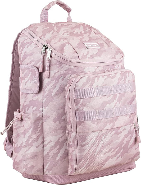 FUEL Multi-Pocket Cargo Travel Backpack Luggage Bag with Top-Loader Entry, Dusty Pink Camo