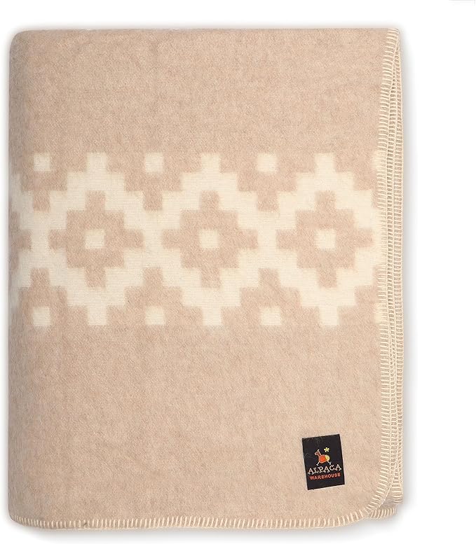 Thick Alpaca Wool Blanket Heavyweight Camping Outdoors Indoors Soft Peruvian Alpaca Wool Blankets That Come in Twin Queen King Size Ethnic Design (Beige - Ivory Stripes, King)