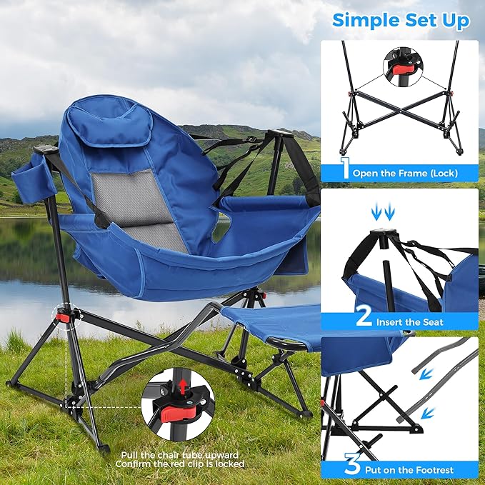 Ainfox Hammock Camping Chair with Footrest, Heavy Duty Foldable Portable Rocking Hammock Chairs Outside Swinging Camp with Cup Holder Pillow for Outdoor Patio Poolside Blue 2 Pack
