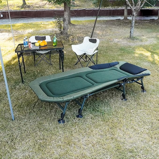 XXL Camping Cots for Adults 330Lbs with Carry Bag, Heavy Duty Folding Bed with Soft Padded Cushion, Portable Sleeping Cot for Hunting, 180° Adjustable Reclining Outdoor Lounger
