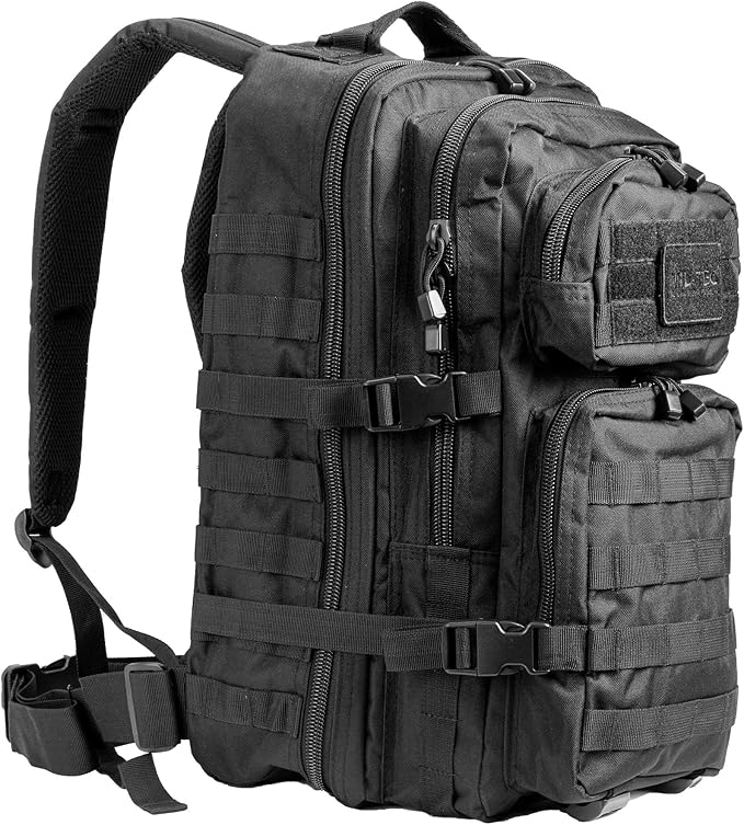 Mil-Tec Unisex Assault Pack - Rugged Durable Lightweight Ergonomic Versatile Tactical Outdoor Camping Hiking Backpack with Adjustable Padded Shoulder Straps & MOLLE Loops, Black, 36L