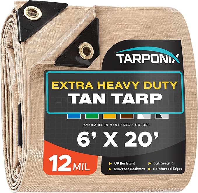 6' x 20' Extra Heavy-Duty Tan Poly Tarp – 12 Mil Thick, Waterproof, UV-Resistant Polyethylene with Reinforced Edges, Double-Stitched Hems, and Rustproof Grommets