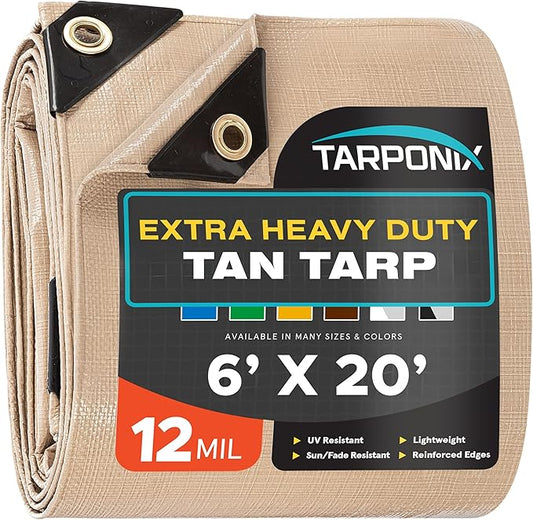 6' x 20' Extra Heavy-Duty Tan Poly Tarp – 12 Mil Thick, Waterproof, UV-Resistant Polyethylene with Reinforced Edges, Double-Stitched Hems, and Rustproof Grommets