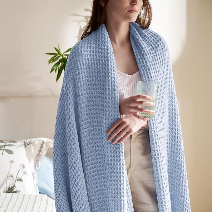 Bedsure Gentlesoft 100% Cotton Blanket Queen Size for Bed - Breathable and Soft, Waffle Weave Blanket for Summer, Thick Cozy Fall Blankets for Women Gift, Sky Blue, 90x90 Inches
