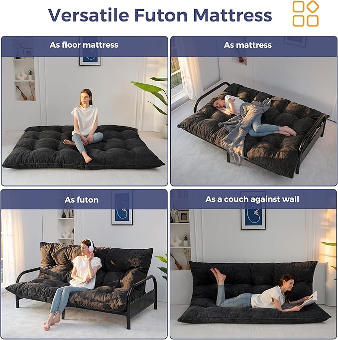 MAXYOYO 6" Japanese Floor Mattress, Foldable Futon Mattress Full Size, Tufted Roll Up Floor Bed, Thick Tatami Mat Sleeping Pad Portable Lounger for Camping Guest Room Dormitory Bedroom RV, Black