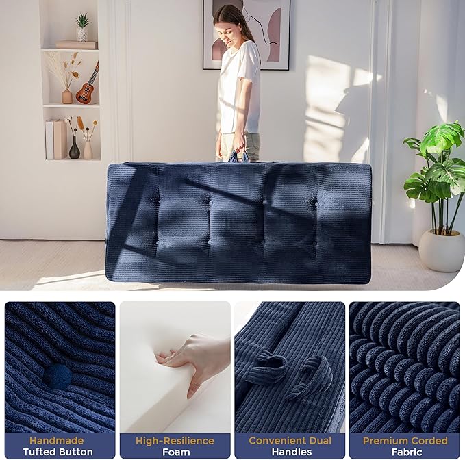 MAXYOYO Folding Mattress, 4 Inch Tufted Foldable Mattress Full Foam Bed, Tri-Fold Floor Couch with Handles Guest Bed Topper Portable Camping Mat with Corded Fabric, Twin Size, Navy