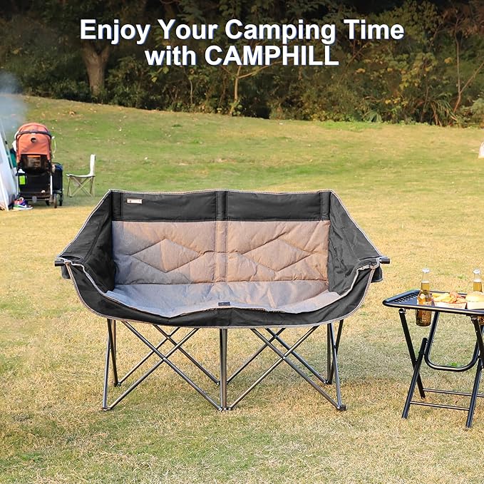 Oversized Double Camping Chair-Heavy Duty 2 Person Folding Loveseat Camp Couch for Adults,Portable Outdoor Lawn Chairs with Padded Seat for Fishing,Sports and Patio,Supports 500 LBS,Black