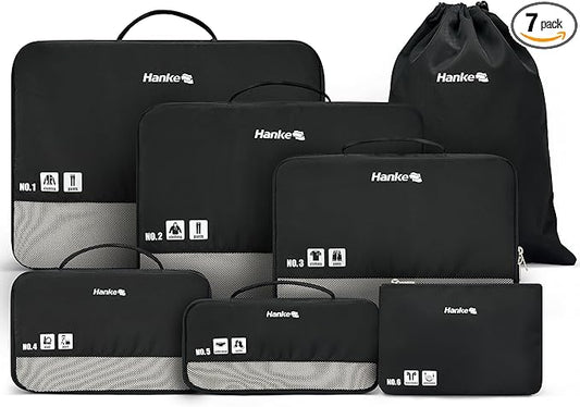 Hanke 7 Piece Expandable Compression Packing Cubes, Premium Travel Packing Organizers for Suitcases/Carry On, Luggage Organizer Bags with Breathable Mesh & Label,Black