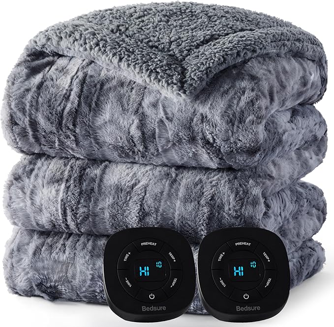 Bedsure Faux Fur Electric Blanket Queen Size, Dual Control Heated Blanket Queen, Fast Heating Blanket with 10 Heating Levels & 10 Time Settings, Cozy Gifts for Women Men (84x90 inches, Grey)