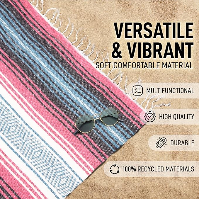 Hydration Nation Authentic Large Handwoven Mexican Striped Throw Blanket - Soft, Durable, Eco-Friendly - 70"x50" - Azure