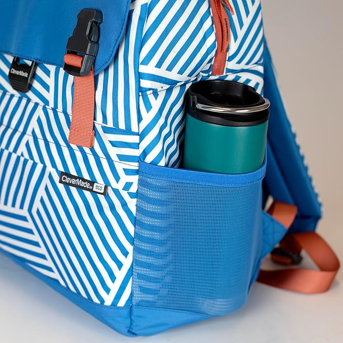 CleverMade Insulated Backpack Cooler Bag - 18 Can Leakproof Cooler Backpack with Bottle Opener, Outer Zippered Storage and Mesh Side Pockets for Lunch, Work, Picnic, and Camping - Blue Stripe
