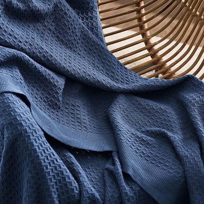 Bedsure Gentlesoft 100% Cotton Large Throw Blanket for Couch 50x70 inches - Breathable and Soft, Waffle Weave Throw Blanket for Office, Navy