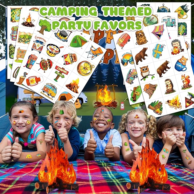 96PCS Camping Camp Camper Campfire Pre-Cut Temporary Tattoos for Kids | Super Cute Themed Birthday Party Favors, Supplies, Decorations, Fake Tattoo Stickers (multiple)