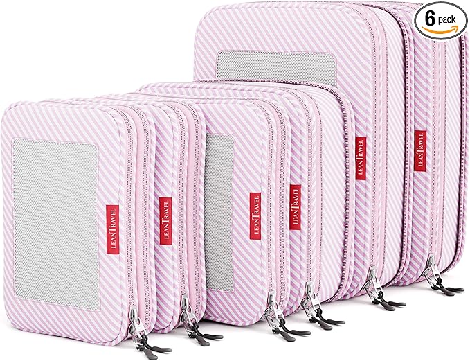 LeanTravel Premium Compression Packing Cubes for Travel - Luggage Organizers with Double Zipper - Sturdy Bags for Suitcase (6-Pack, Pink Stripes)