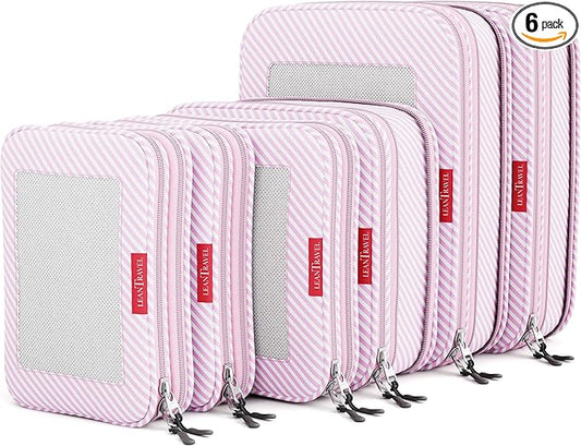 LeanTravel Premium Compression Packing Cubes for Travel - Luggage Organizers with Double Zipper - Sturdy Bags for Suitcase (6-Pack, Pink Stripes)
