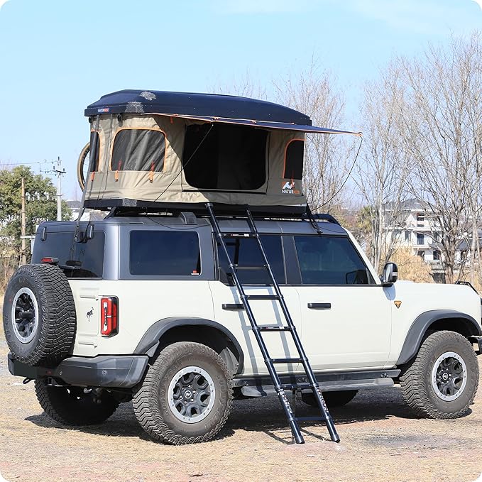 Naturnest Hard Shell Single Roof Tent, 2 Door ABS Roof Tent with 3-Color LED Lights and Built-in USB Plug for Vans, Jeeps, SUVs and Trucks