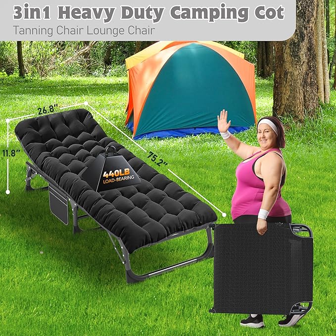 ABORON 5 Positions Camping Cots for Adults,Outdoor Folding Sleeping Cot/Mat,Folding Chaise Lounge Chair with Pillow,Portable Reclining Chair for Beach Lawn Camping Pool,Sunbathing Chairs