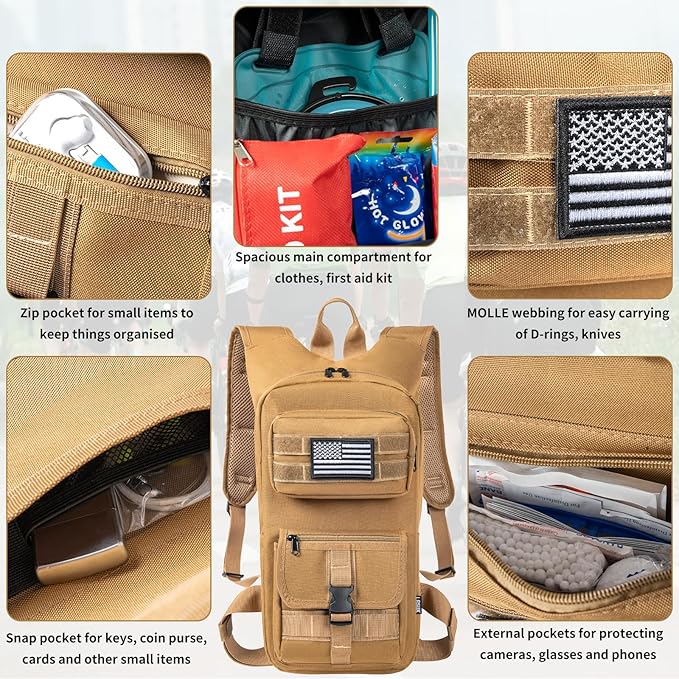 Hydration Backpack, Tactical Molle Water with 2L TPU Water Bladder, for Men Women Lightweight Water Backpack, Hydration Pack for Hiking, Biking, Climbing and Hunting, Khaki