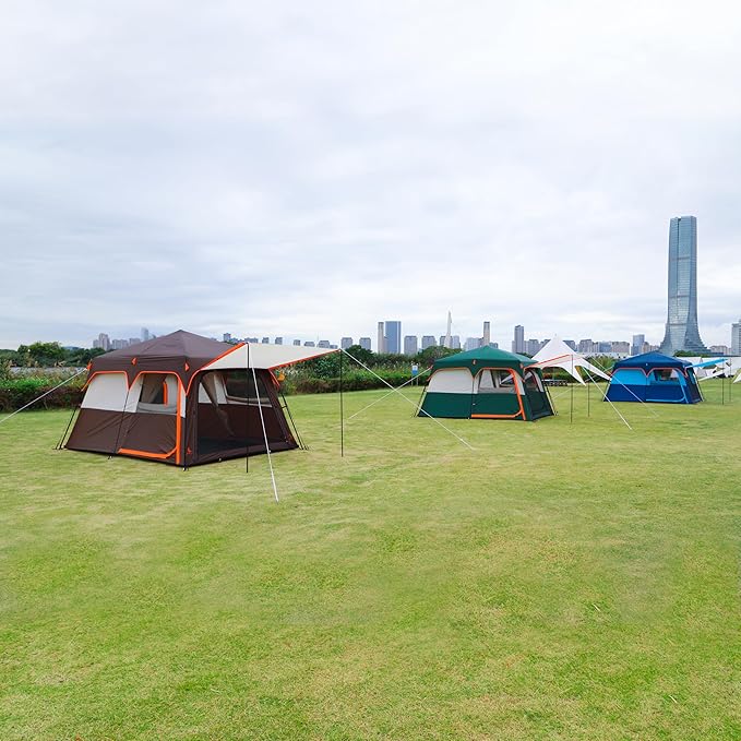 KTT Extra Large Tent 6-10-12-14 Person(Style-B),Family Cabin Tents,2 Rooms,3 Doors and 3 Windows with Mesh,Straight Wall,Waterproof,Double Layer,Big Tent for Outdoor,Picnic,Camping,Family Gathering