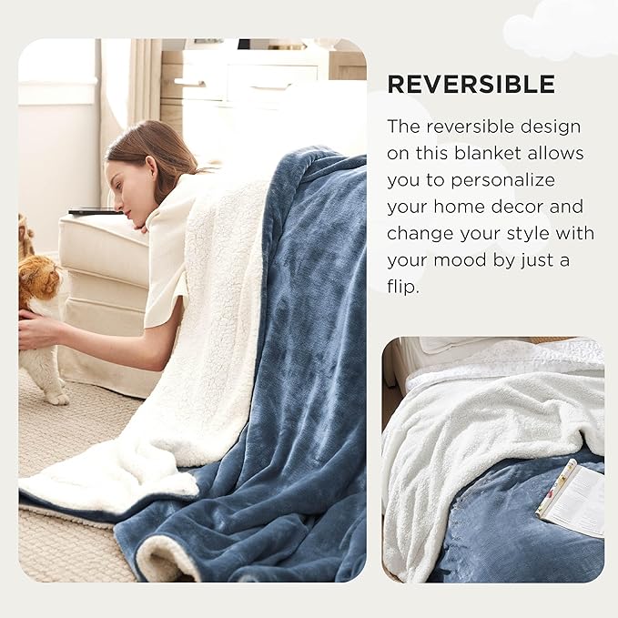 Bedsure GentleSoft Sherpa Fleece Oversized Cal King Blankets for Bed - Thick and Warm, Soft Fuzzy Plush Large Blanket for Winter, Slate Blue, 112x98 Inches