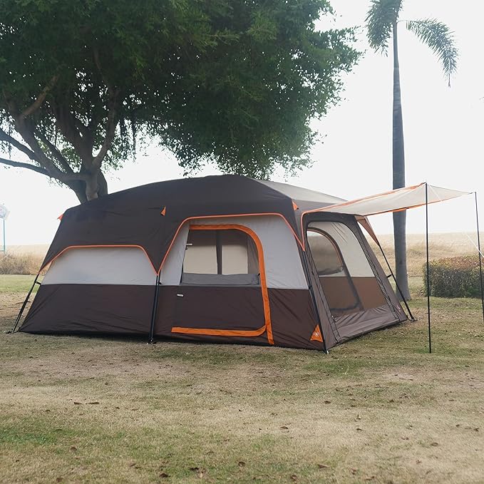 KTT Extra Large Tent 6-10-12-14 Person(Style-B),Family Cabin Tents,2 Rooms,3 Doors and 3 Windows with Mesh,Straight Wall,Waterproof,Double Layer,Big Tent for Outdoor,Picnic,Camping,Family Gathering